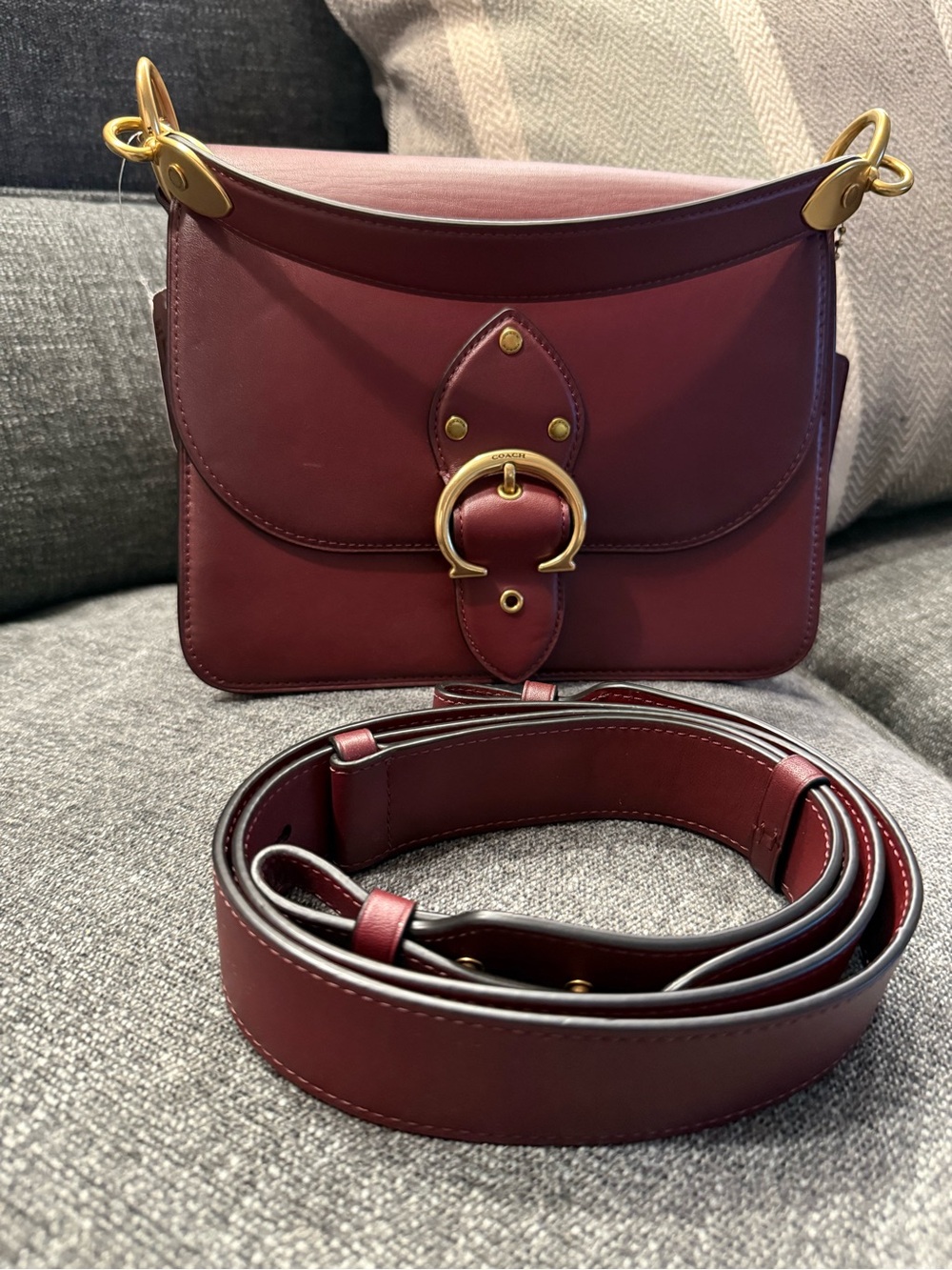 Coach Burgundy Leather Shoulder Beat Bag with Gold Ring Accent